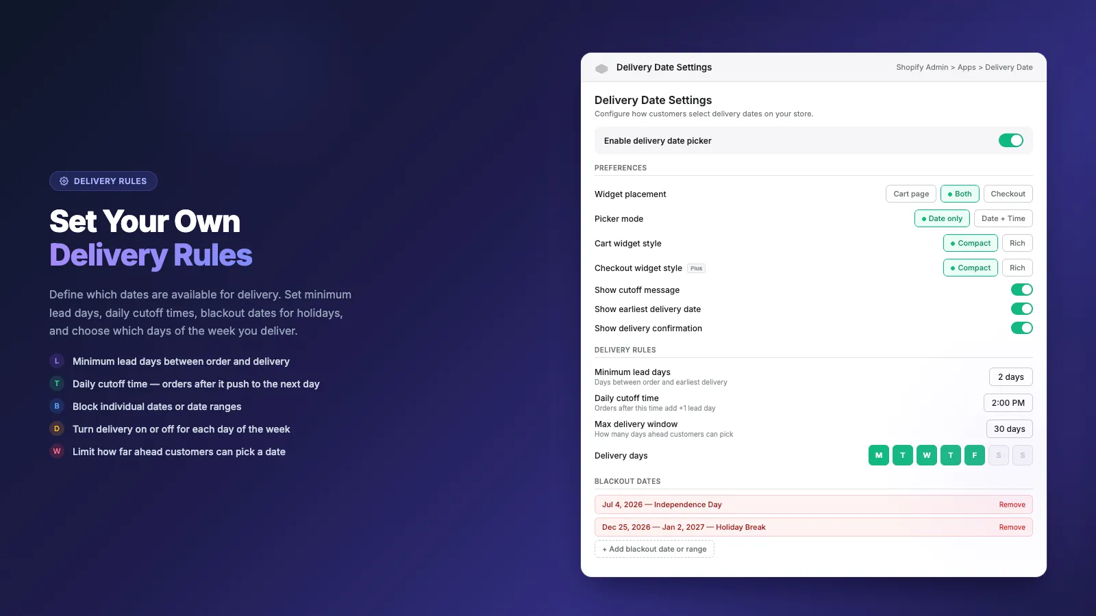 The MSK: Delivery Date Scheduler settings screen: delivery rules, lead days, cutoff time, and blackout dates in the Shopify admin.