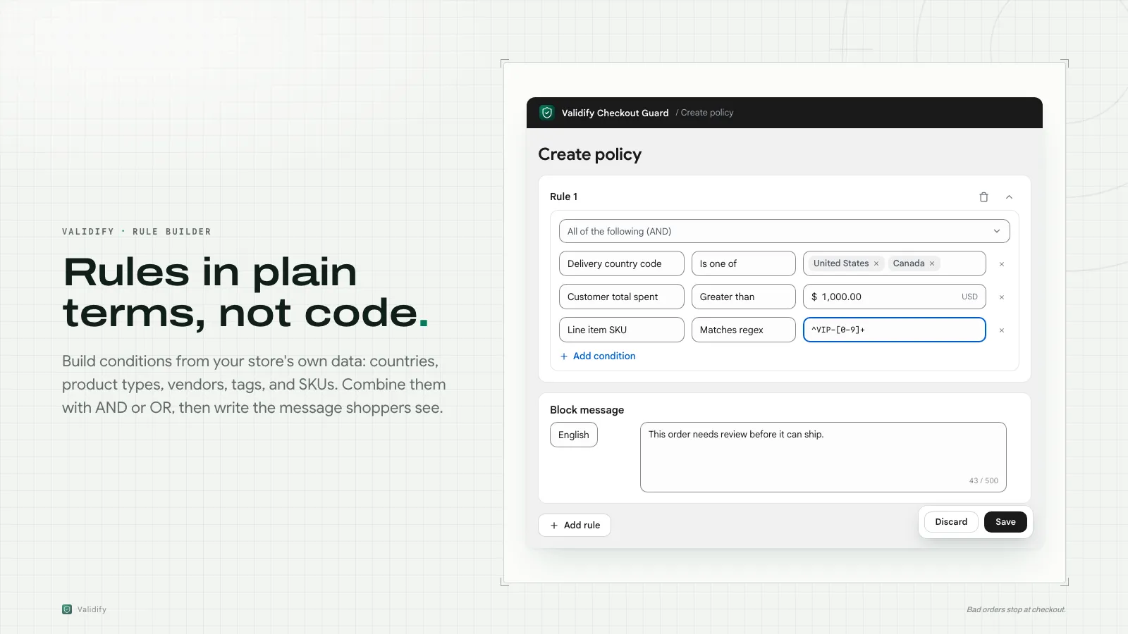 The Validify Checkout Guard rule builder: an admin screen where conditions combine into checkout rules.